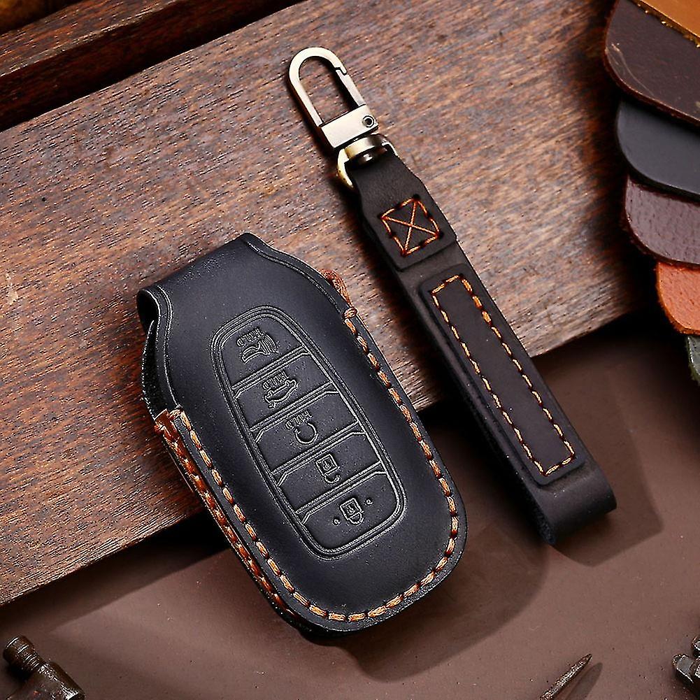 Leather Remote Car Key Case Cover Fob For Hyundai Santa Fe Palisade 5 Buttons Car Key Case Bag Cover