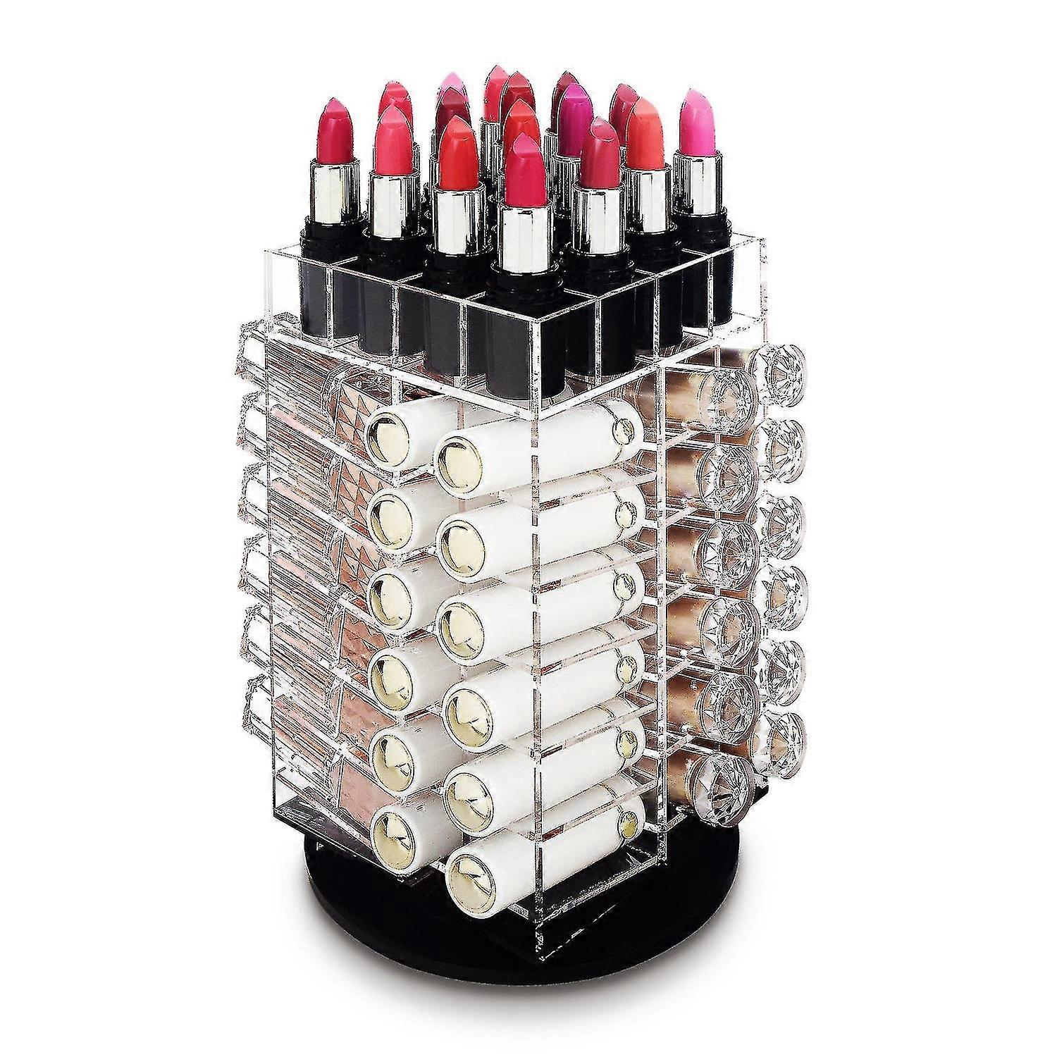 プレミアムアクリル回転化粧口紅タワーオーガナイザー64口紅用、スピニングリップグロススタンド