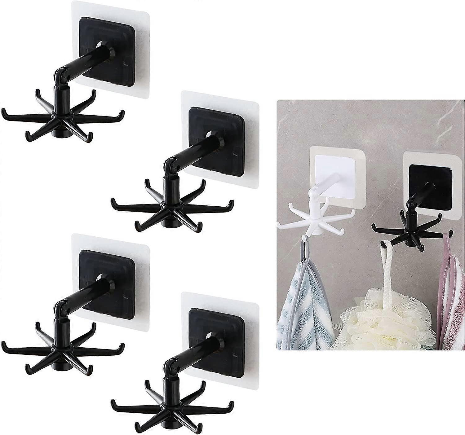 4 Pieces Hooks, 360 Rotatable Folding Hooks Wall Mount Drill-Free Dish Hanger (Black)