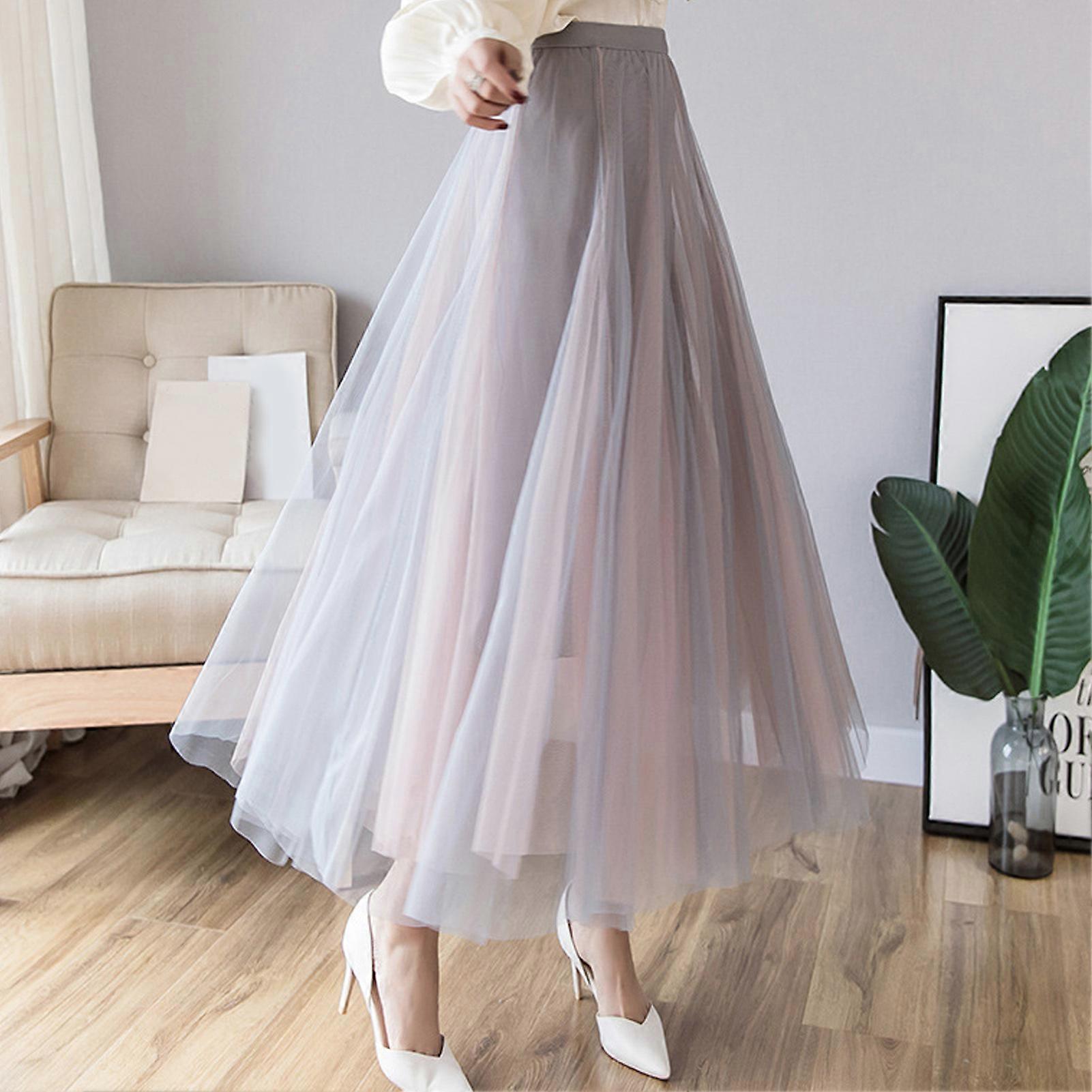 Mesh Midi Skirt Layered Elastic High Waisted Color Block Pleated Mesh Flowy Midi Skirt for Women Lady Gray Pink