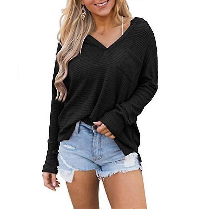 Women's Waffle Split V-Neck Long Sleeve Casual Top