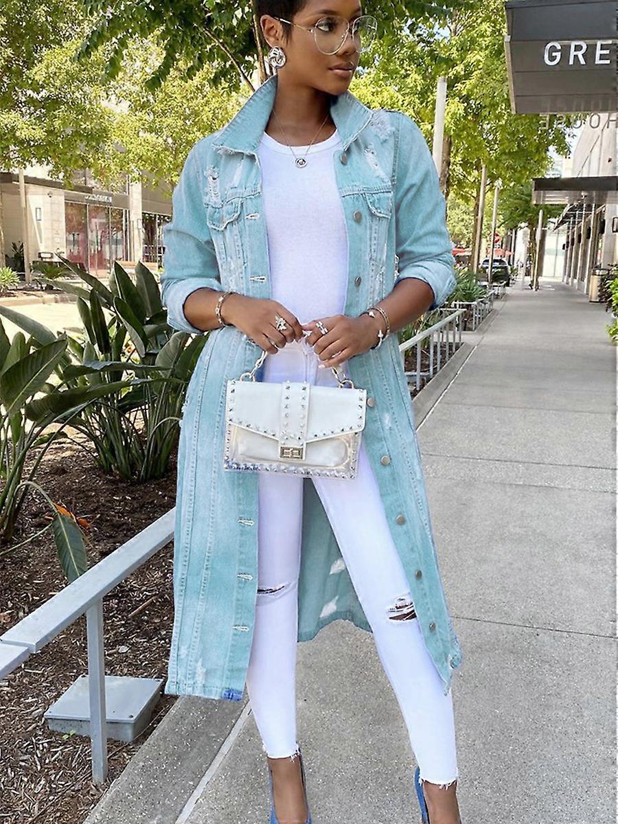 עצמאי תחנה סתיו חדש ג'ינס מעיל רוח ארוך עם חורים מעיל ג'ינס לנשים NK168