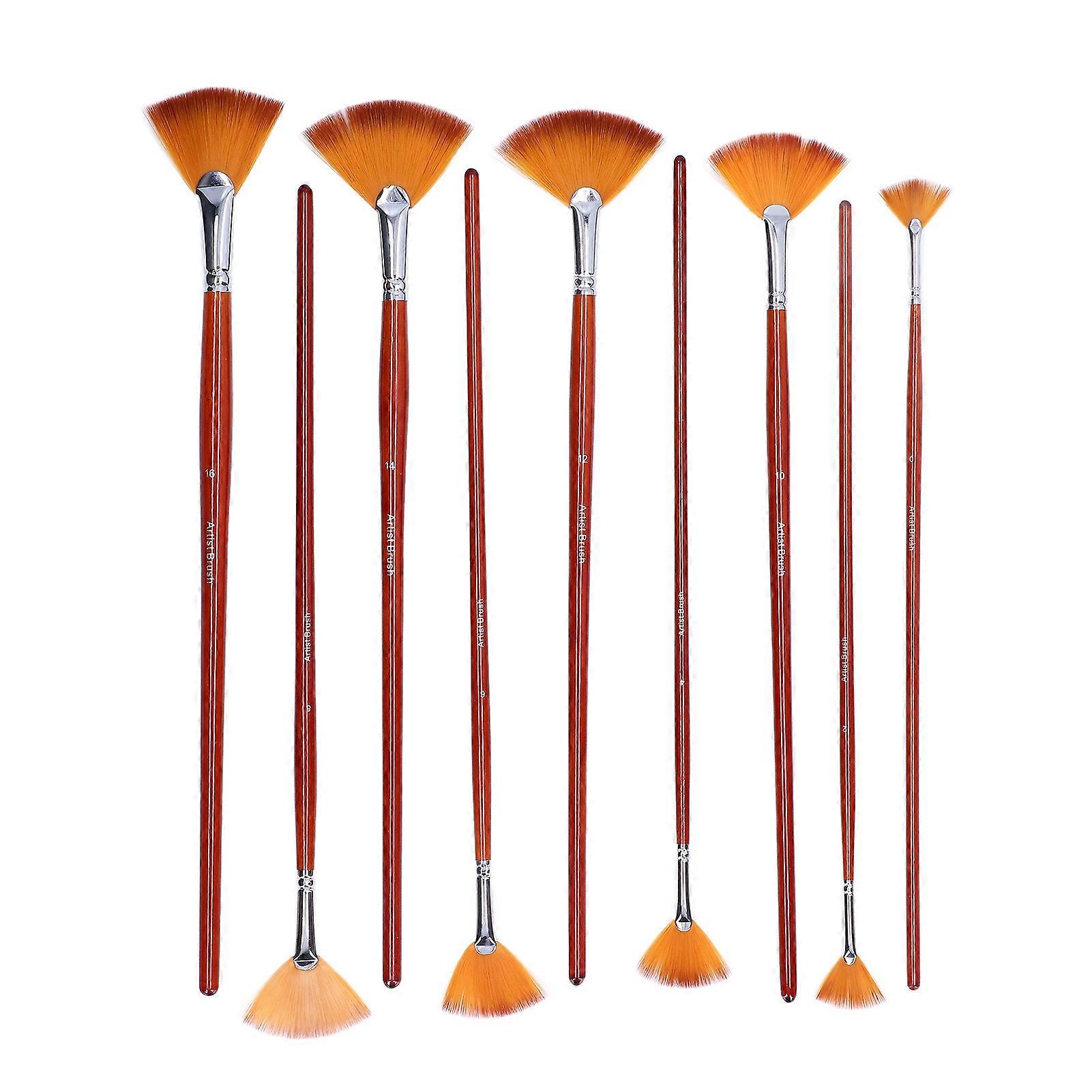 9Pcs Paint Brushes Fanshaped Nylon Bristles Wooden Handle Good Elasticity Flexible Sturdy Durable Oil Paint Brushes
