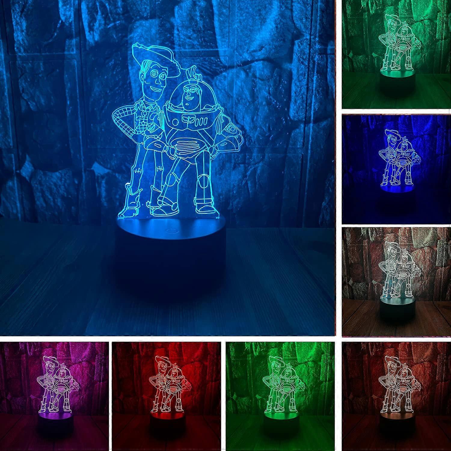 만화 토이 스토리 보안관 우디와 버즈 라이트이어 애니메이션 피규어 3D LED 광학 환상 침실 장식 테이블 램프 리모컨 포함 7색 아크릴 수면 Ni