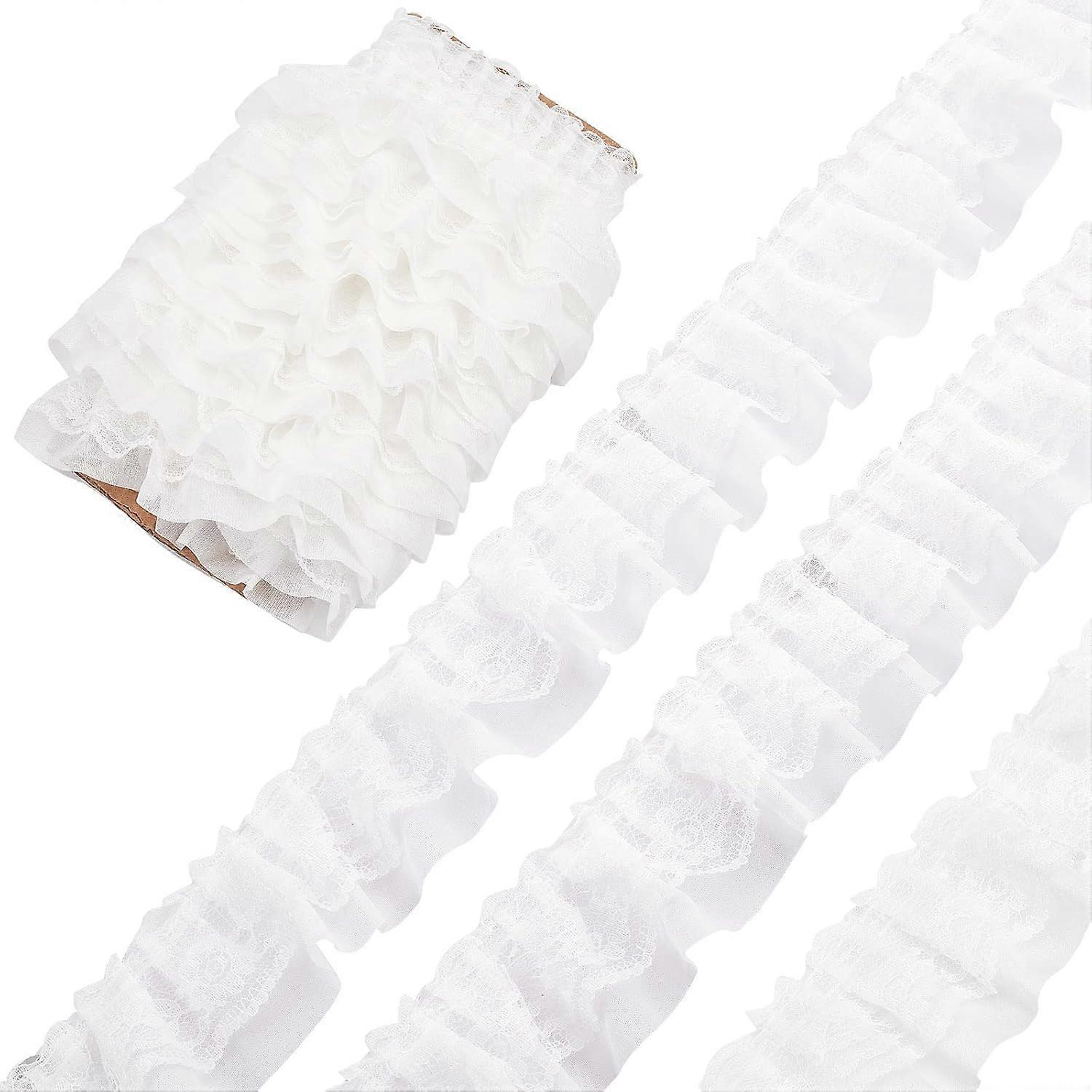 11 Yards White Double-Layer Pleated Chiffon Lace Trim 2 Wide 2-Layer Gathered Ruffle Trim Edging Tulle Trimmings Fabric Ribbon for Home DIY Sewing Cra
