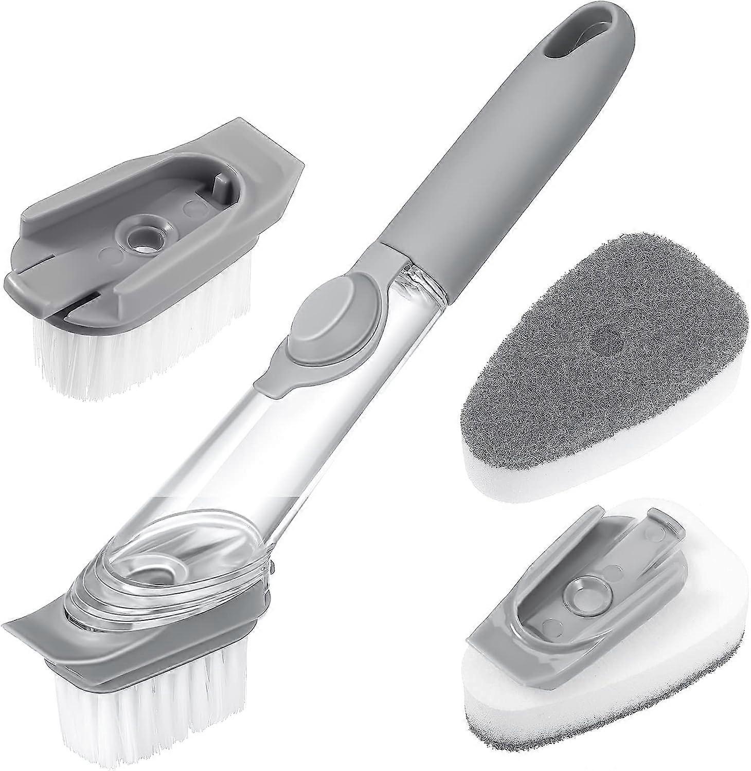 Dish Brush With Soap Dispenser, Long Handle brush Heads Cleaning Brush with 2 Sponge and 1Replaceable Dish Brush, for soap refilling without leak(1set