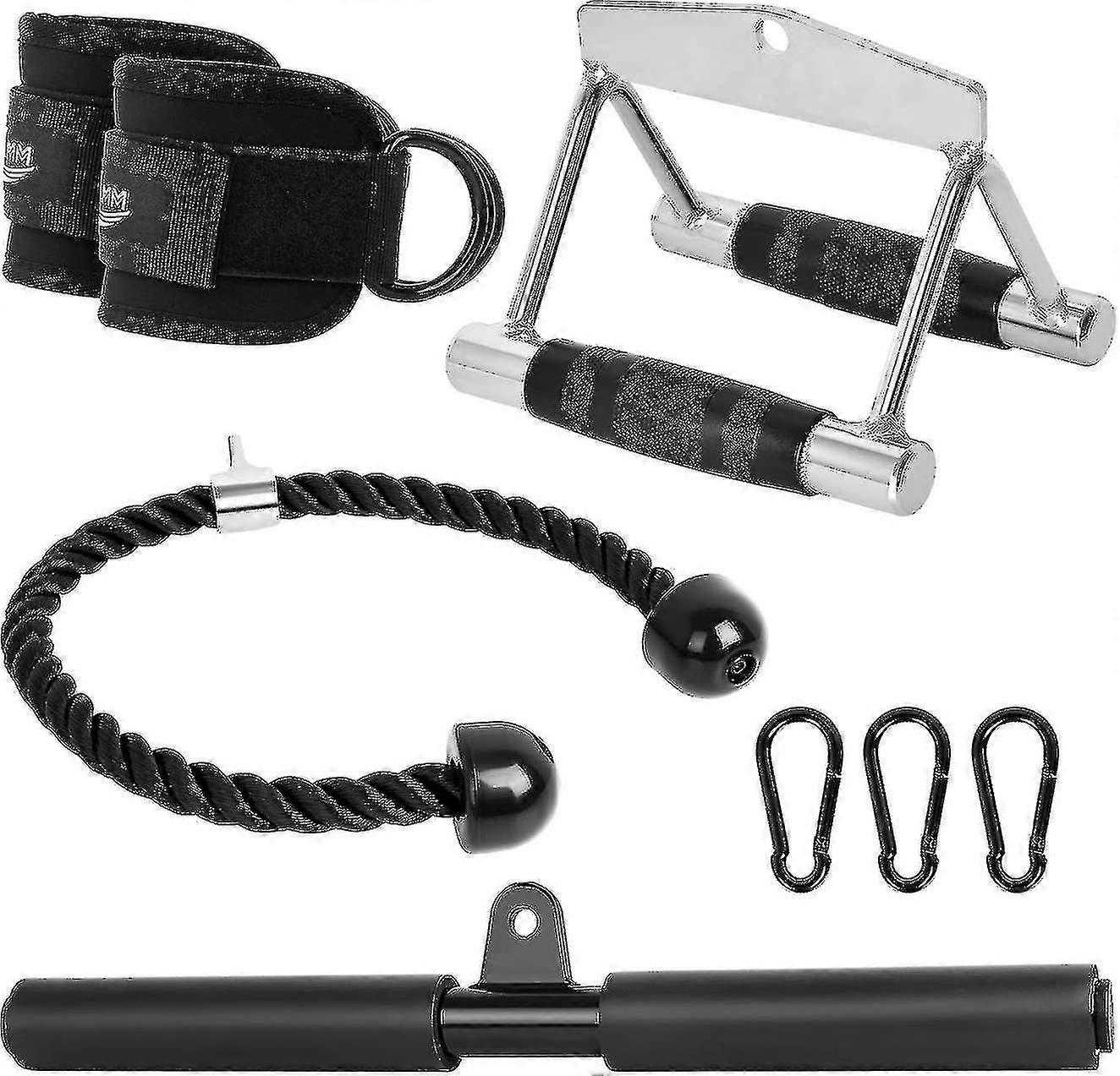 Cable Machine Attachments Fitness Machine Accessories|4-piece Set - Triceps Rope Pull Down Attachment + V-shaped Handle + Straight Bar + Ankle Straps