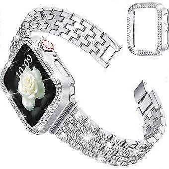 Glitter Diamond Rem med Etui til Apple Watch 42mm, Bling Mænd Kvinder Krystal Rhinsten Rustfrit Stål Metal Udskiftning Rem til iWatch Series SE 