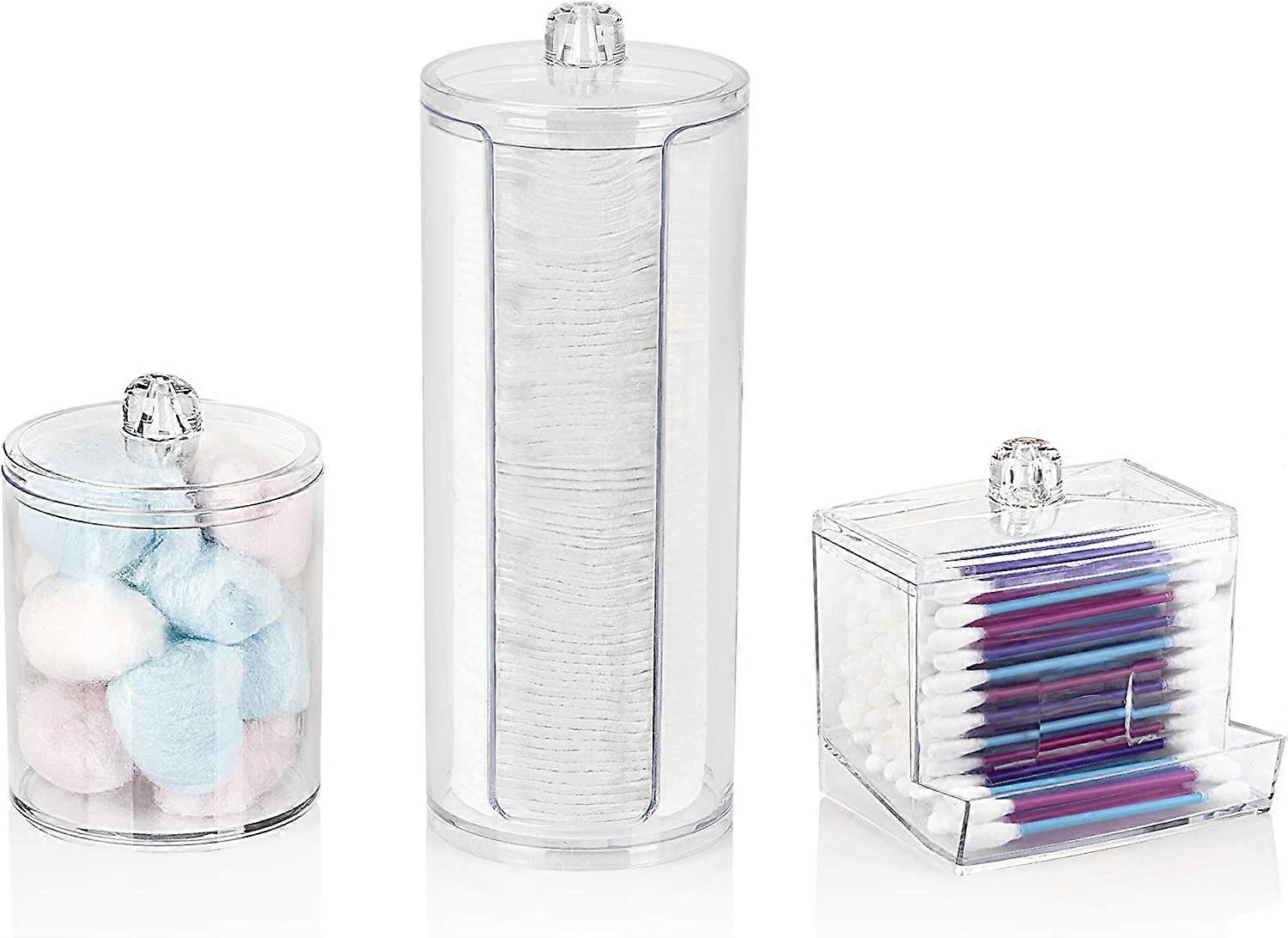 Three-Piece Box Makeup Organizer - Cotton Swab Holder and Multi-function Cylindrical Storage Box with Plastic Lids (Classic)