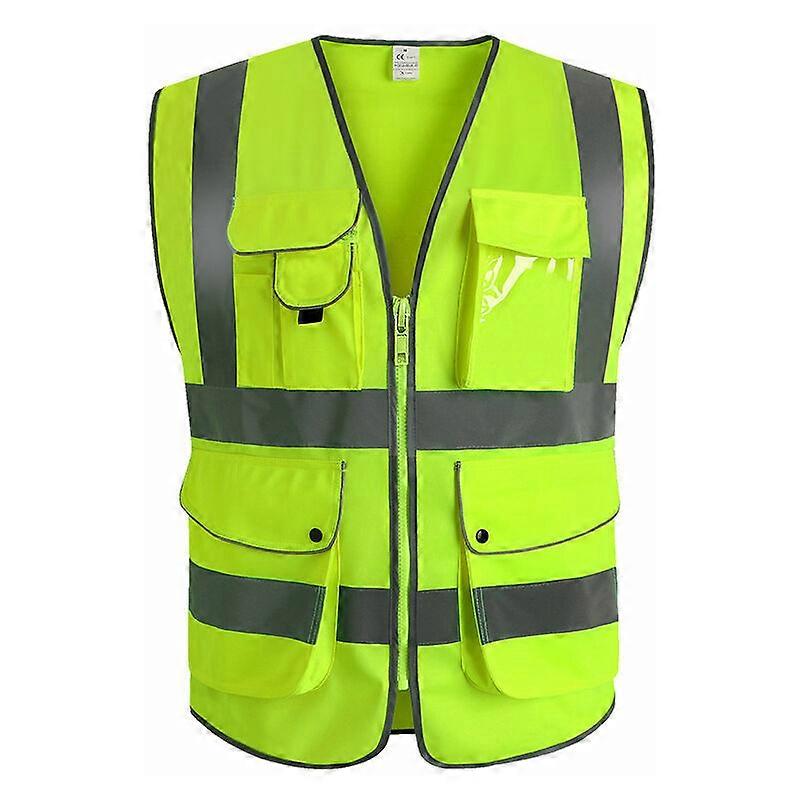 High visibility safety vest on the front with reflective stripes, yellow