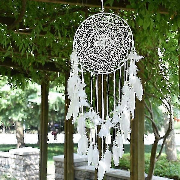 Large dream catcher in Boho style with white feathers, macrame wall H