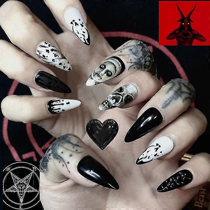 24pcs Dark Black Punk Human Skeleton Head Tip Nail False Nails
