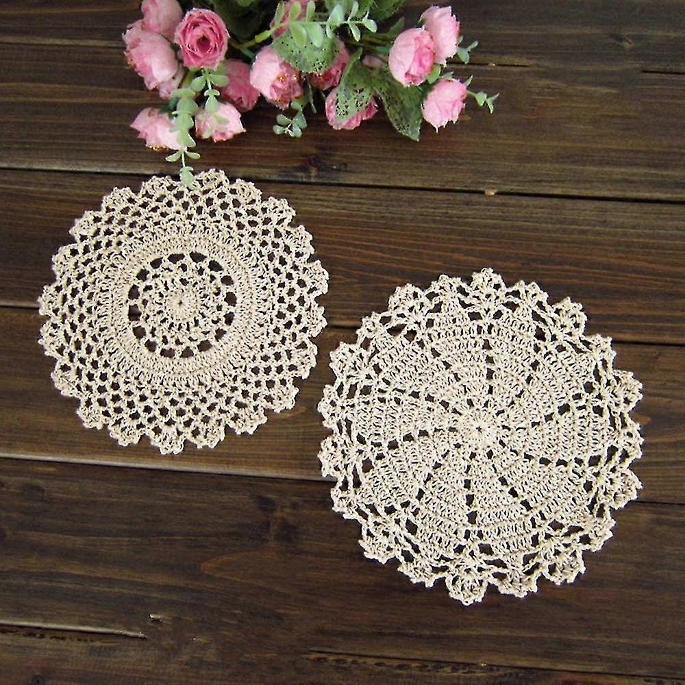 Hcankcan 7 polegadas 4pcs handmade redondo crochê algodão renda mesa placemats doilies valor pacote, mistura, bege / branco