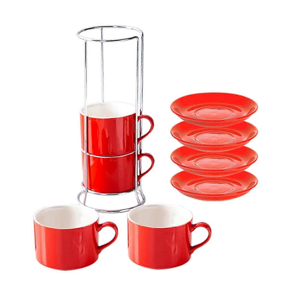 Porcelain Stackable Cappuccino Cups with Saucers and Metal Stand, Espresso Cups for Latte Coffee Cafe,Specialty Coffee A