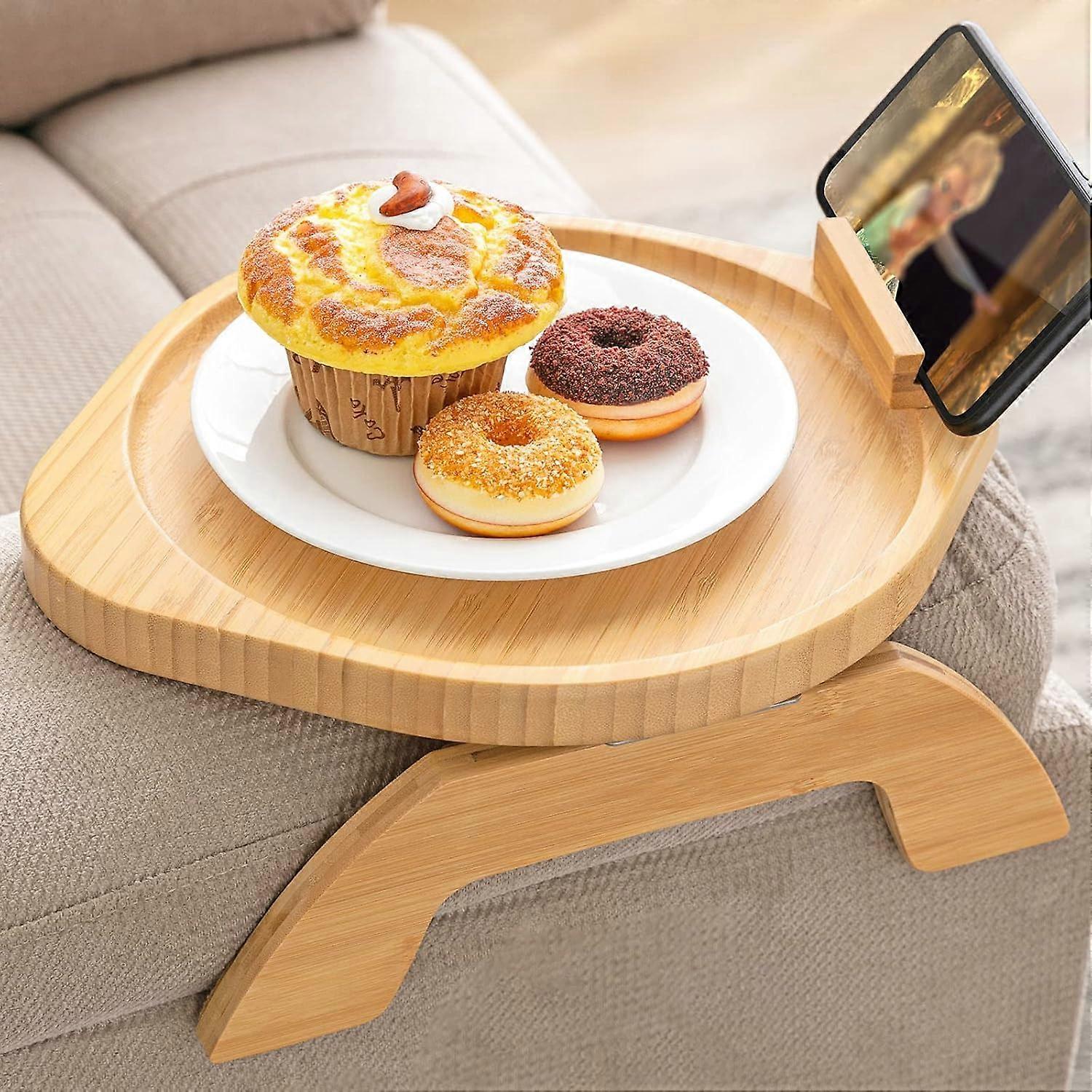 Bamboo Sofa Arm Tray Table with Rotating Mobile Holder, for Wide Couches, Foldable Arm Clip Table ,for Eating and Drinking,Natural