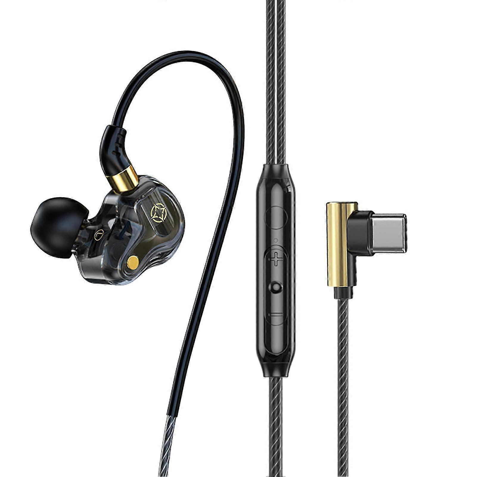 Wired Headphone Quad Core 8MM Dynamic Driver Type-C/3.5mm Plug Earphone with Microphone Heavy Subwoofer Ear-hook Headset for Music Call
