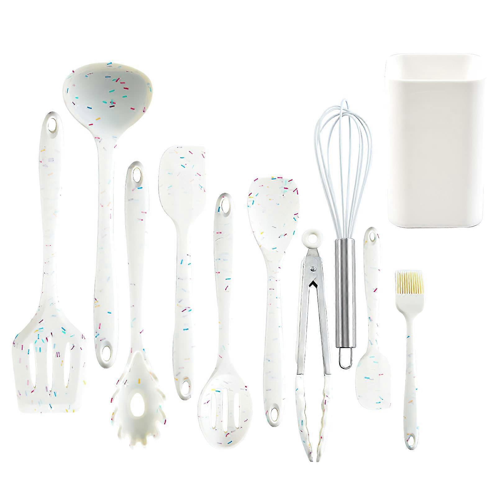 11 Pcs Colored Dots Silicone Utensil Set: Turner, Tongs, Spatula, Spoon, Brush, Egg Beater for Nonstick Cookware
