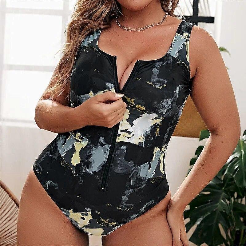 Plus Size One-Piece Swimsuit with Zipper Front and Military Print
