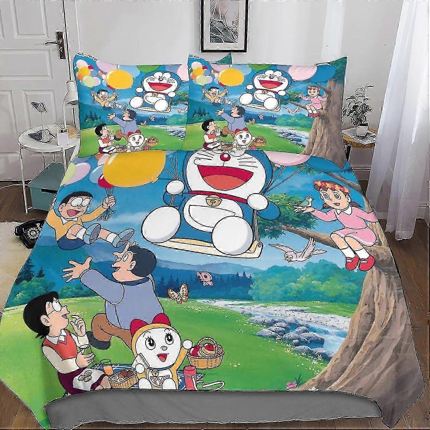o5256 ملاءات السرير Doraemon غطاء لحاف 3D طباعة مجموعة الفراش الديكور 3 قطع مجموعة لطيف أنيمي لحاف غطاء غطاء السرير مع غطاء وسادة ناعم