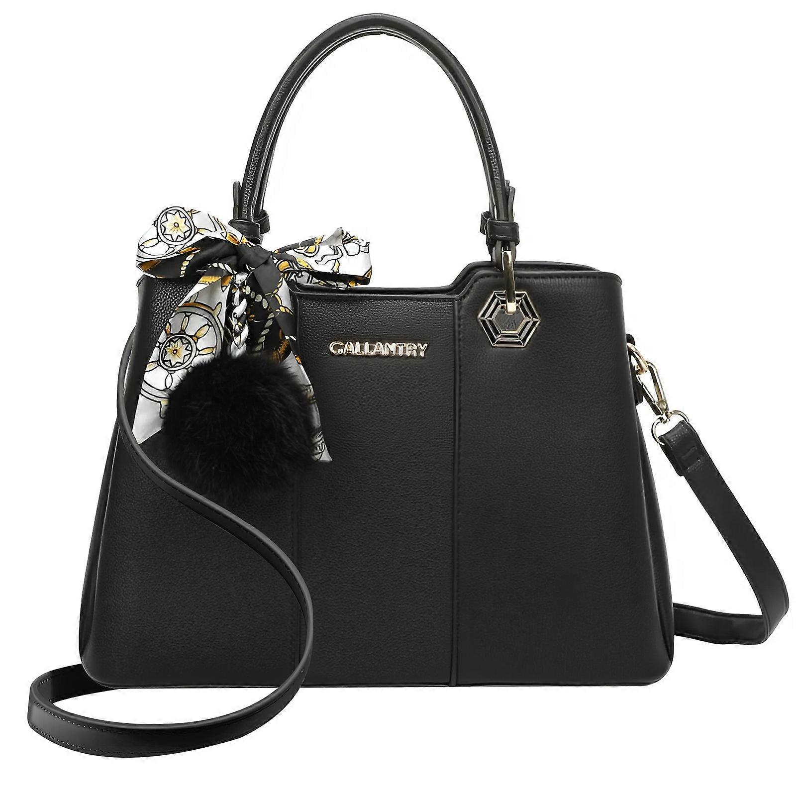 Borsa Tote Tricolore da Donna Decorata con Pompon e Sciarpa, Nero