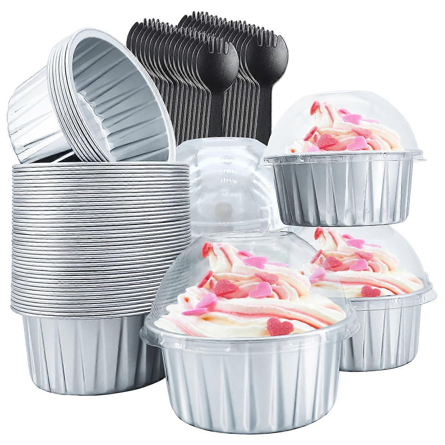 Cupcake Liners with Dome Lids 50 Pack, 5oz Aluminum Foil Muffin Cups with Spoons for Desserts, Ramekin Holders for Parties