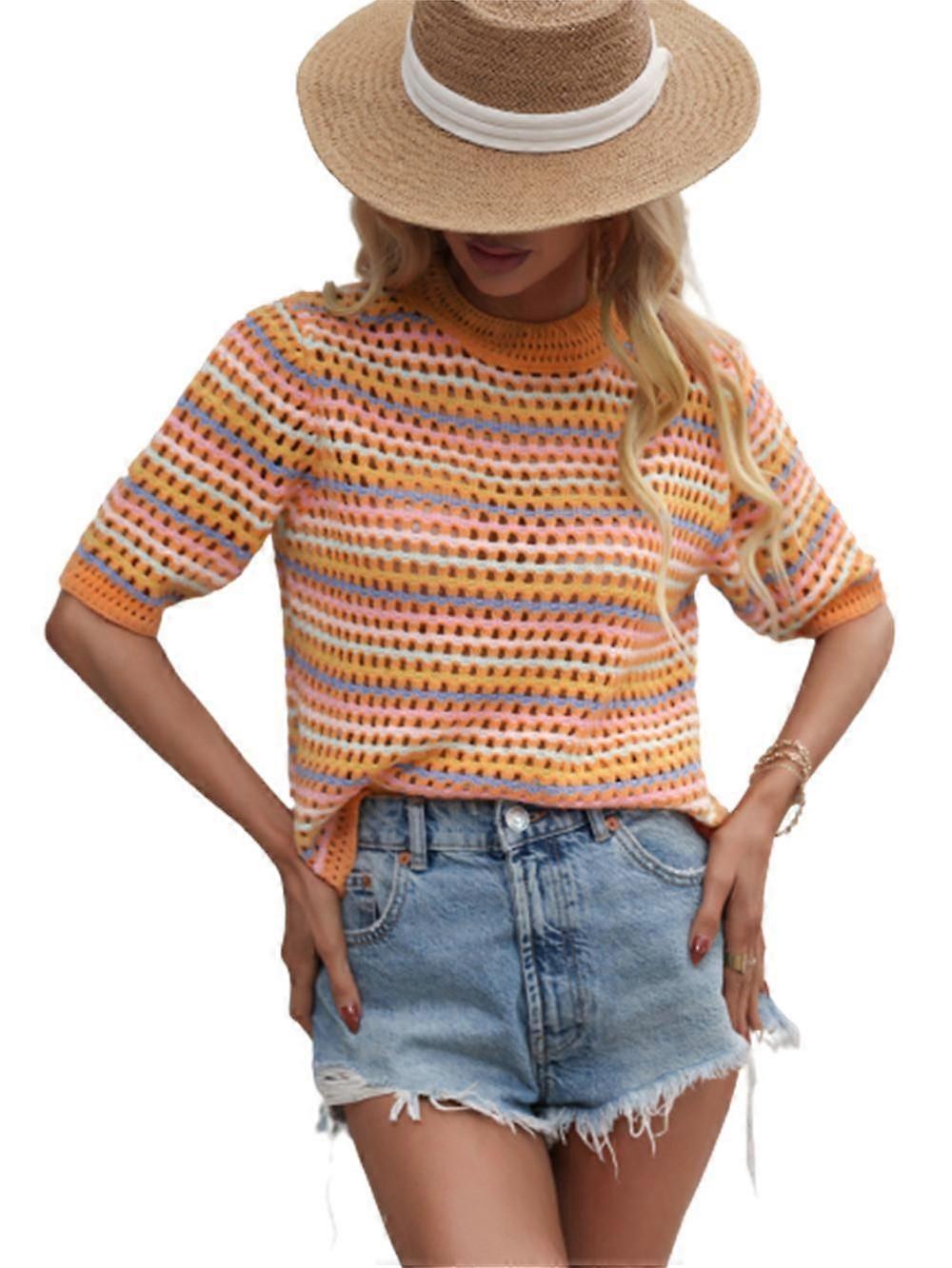 Women's Sweater Pullover Knitted Rainbow Striped Soft Half Sleeve Regular Fit Sweater Cardigans Crew Neck