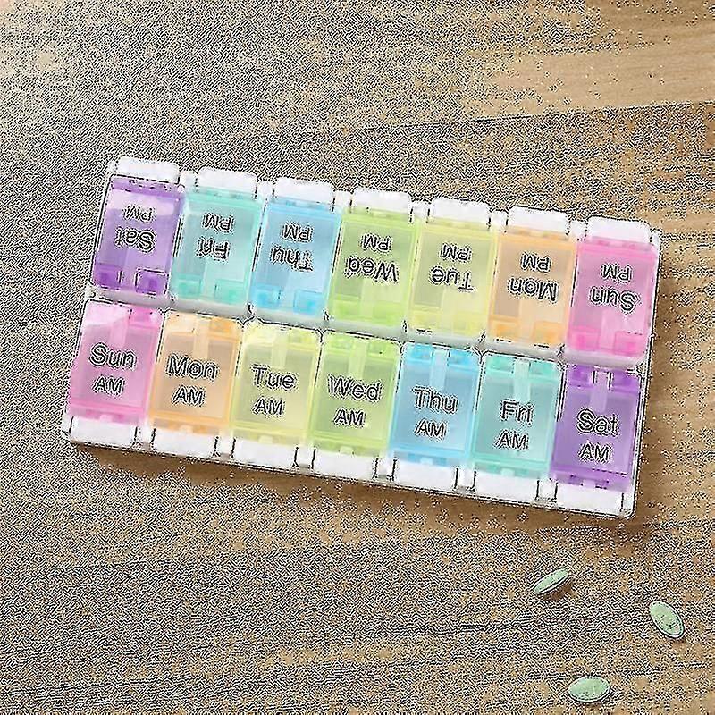 Extra Large Pill Organizer 2 Rows 14 Grids Weekly Pill Box Medicine Tablet Dispenser Portable Pill Storage Case Rainbow Pill Container