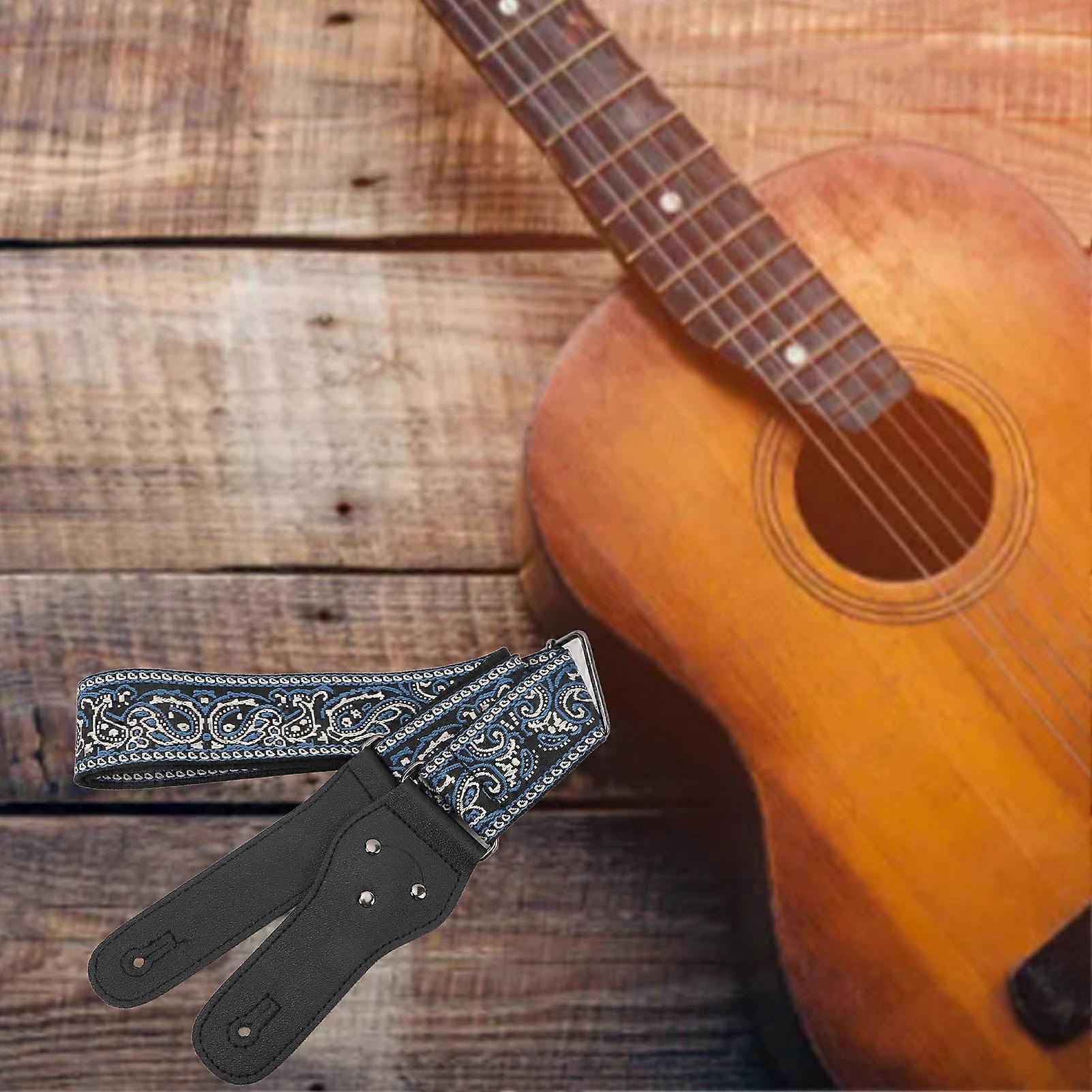 Gitarrrem Vintage Broderat Mönster Längd Justerbar Bred Gitarrbälte för Akustiska Elgitarrer Bas Blå 