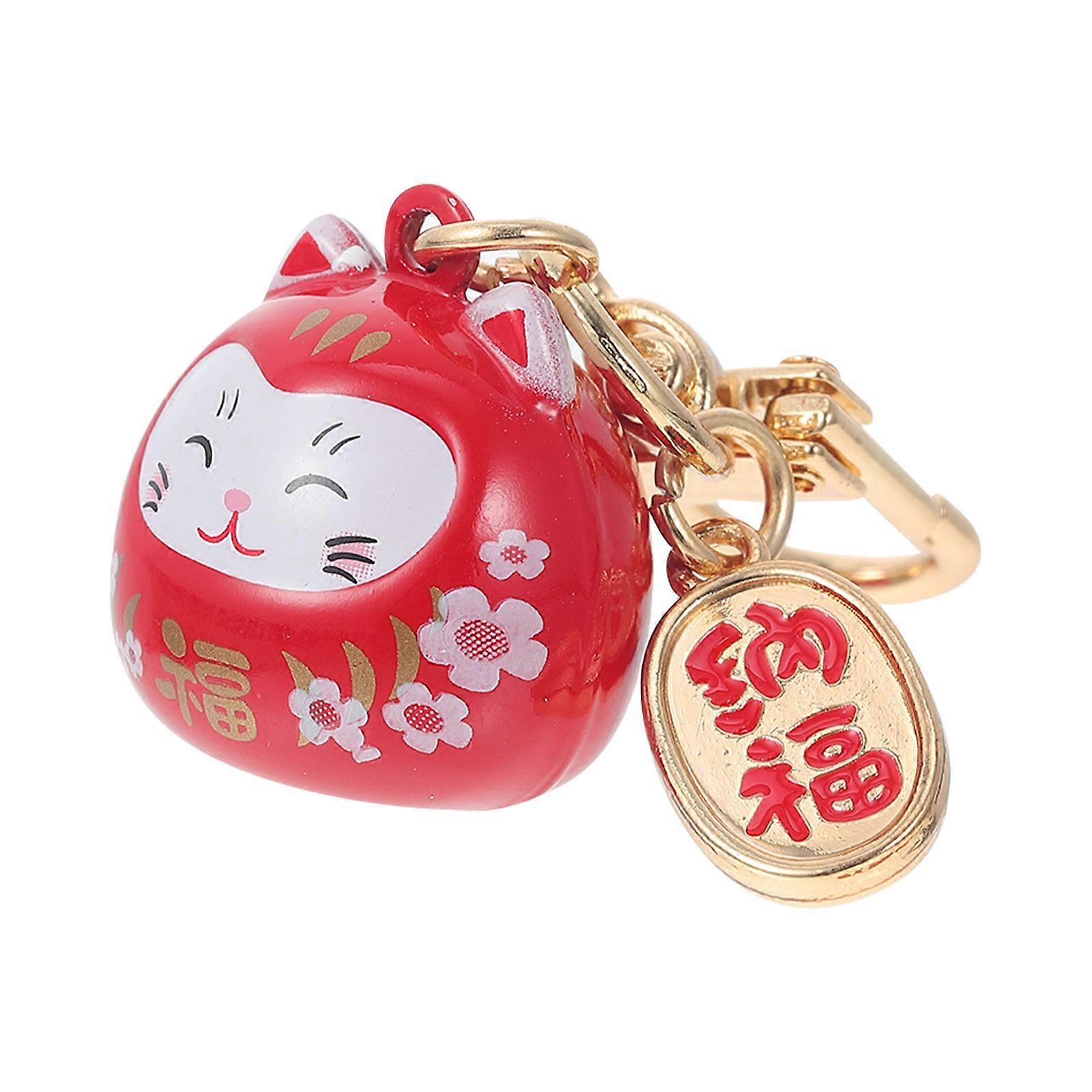 Red Ceramic Cat Keychain for Keys Hanging with Bell Pendant