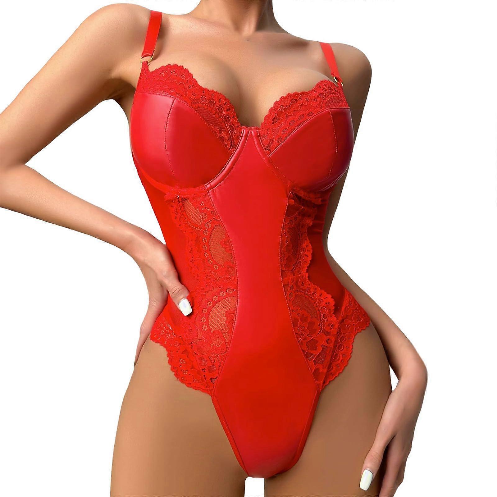 Sexy Dessous Red Latex And Leather Push-Up Curvy Lingerie With Lace Detailing And Garter Straps XXL