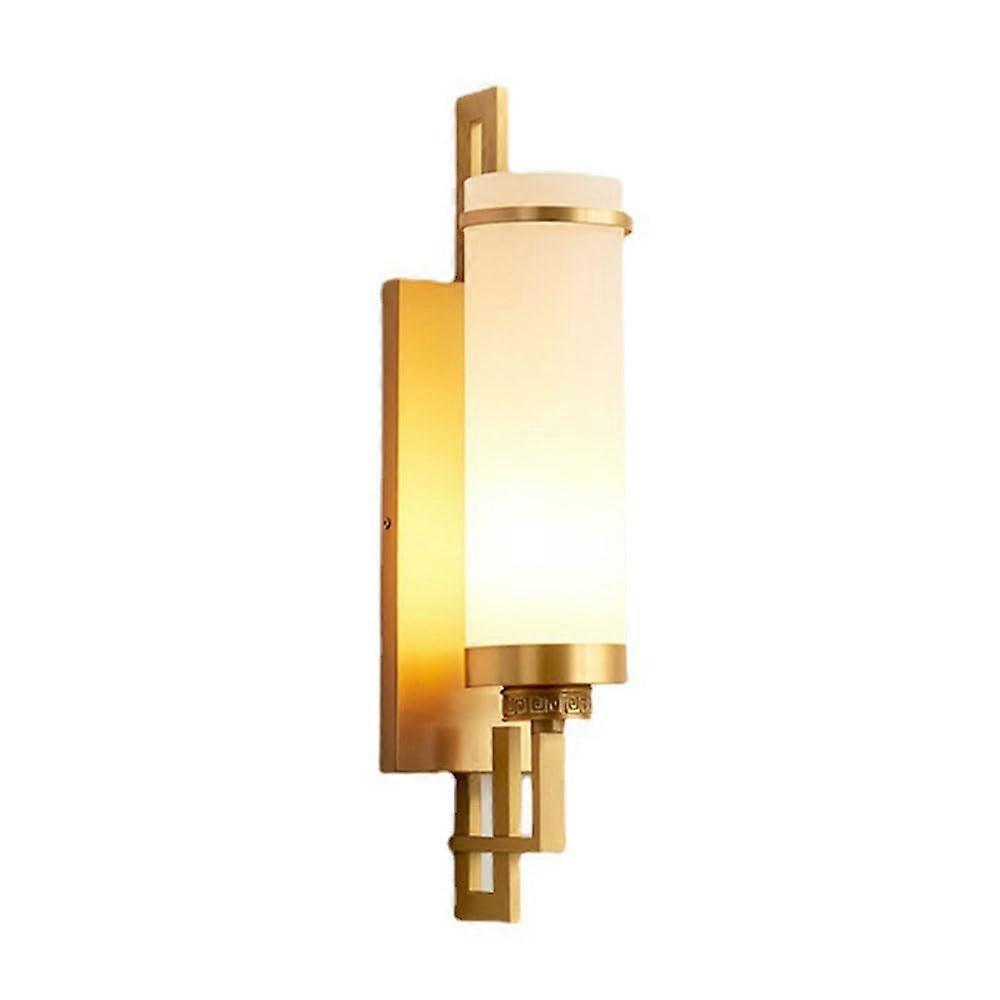 Midcentury modern brass ceiling light with cylindrical glass shade, retro lamp in Chinese style.