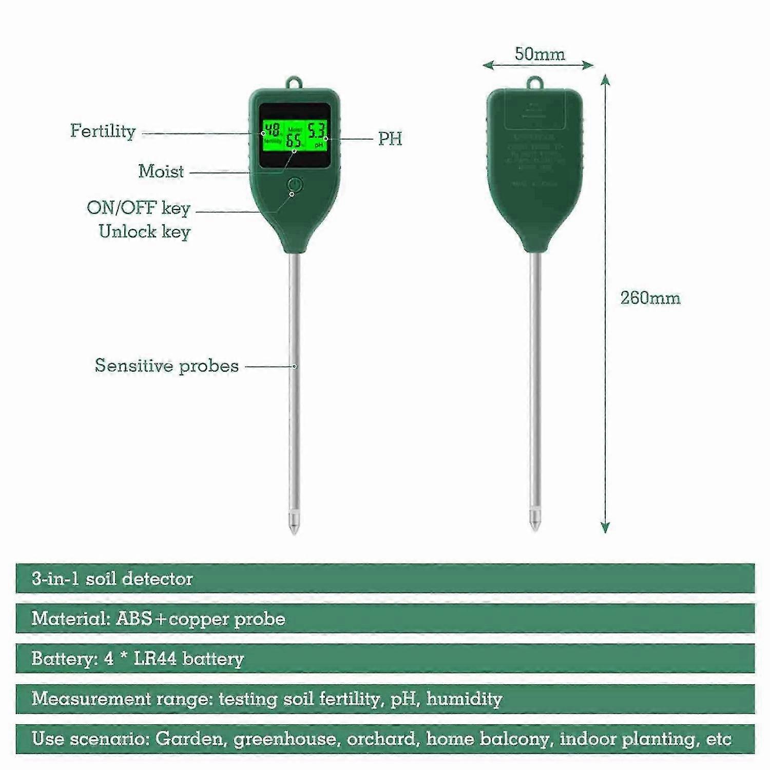 3 in 1 Soil Detector Large LCD Screen Highly Sensitive Probe Soil PH Meter for Vegetable Planting