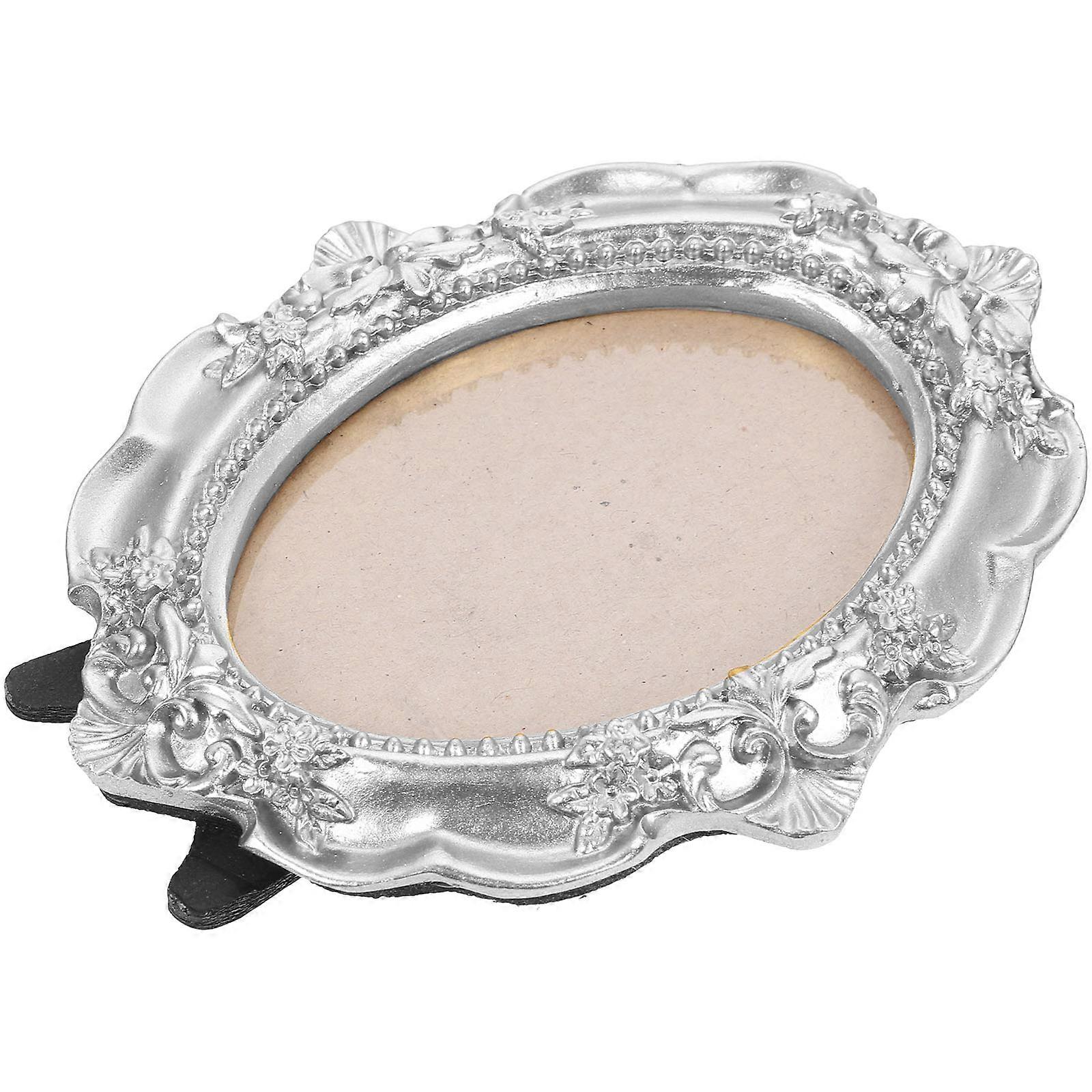 Vintage Small Oval Photo Frame with Floral Embossed Edges, Mini Desktop Picture Frame for Home Decor, DIY Crafts and Photo Props, Elegant Silver