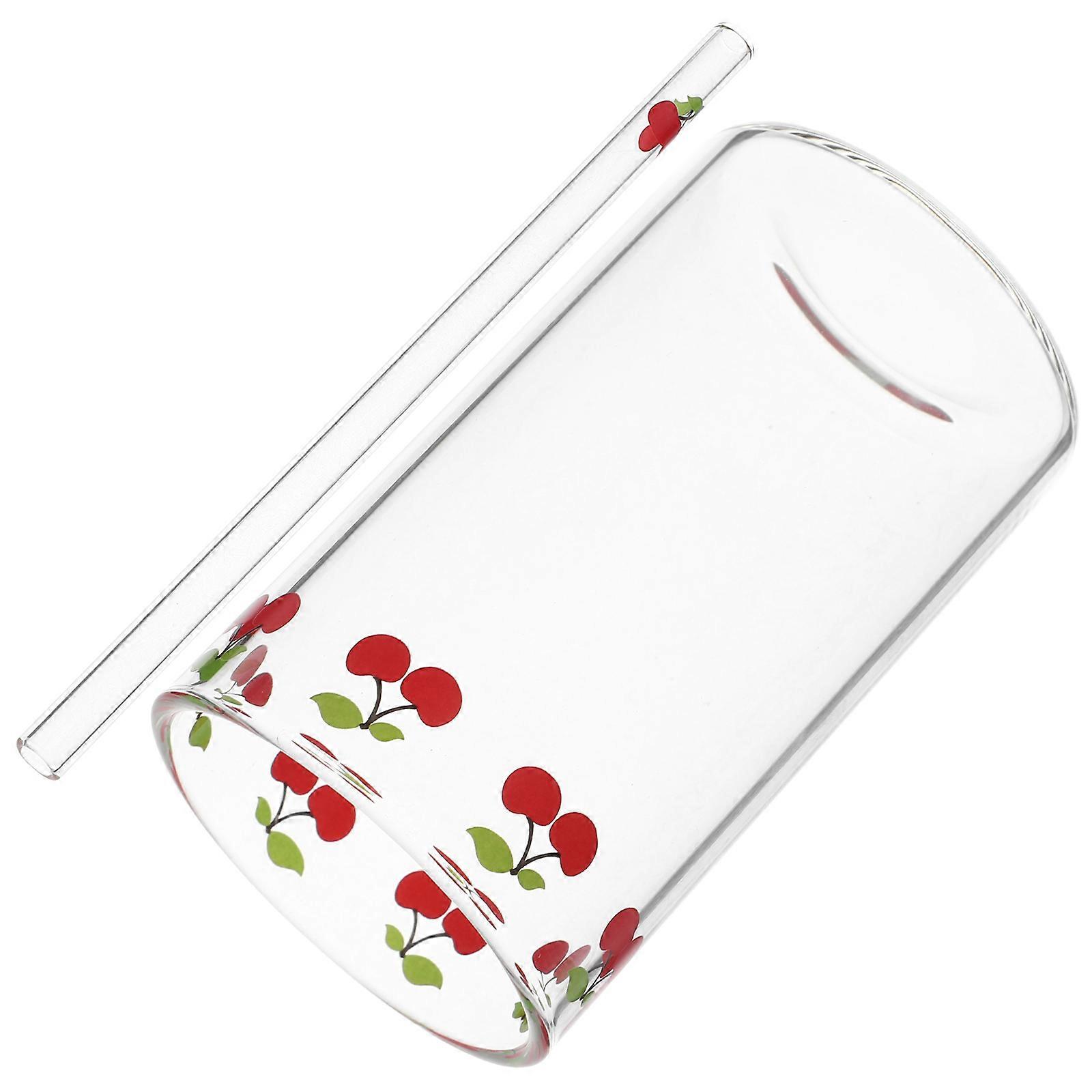 Cherry Pattern Glass Cup with Straw – Reusable Transparent Drinking Mug for Water, Milk, Tea and Cold Beverages – Portable Household Coffee Mug