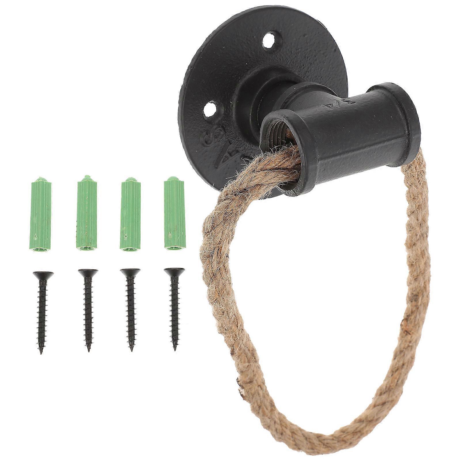 Black Iron Cabinet Handle with Hemp Rope Ring Design for Home Use Vintage and Simple 1 Set