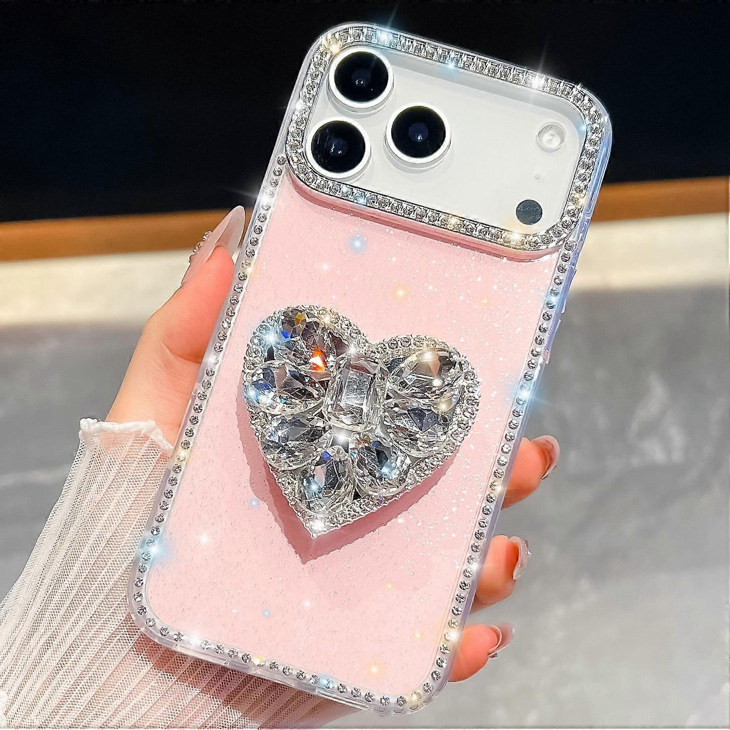 Diamond Glitter Gemstone Heart Holder Phone Case For iPhone 17 Pro Max