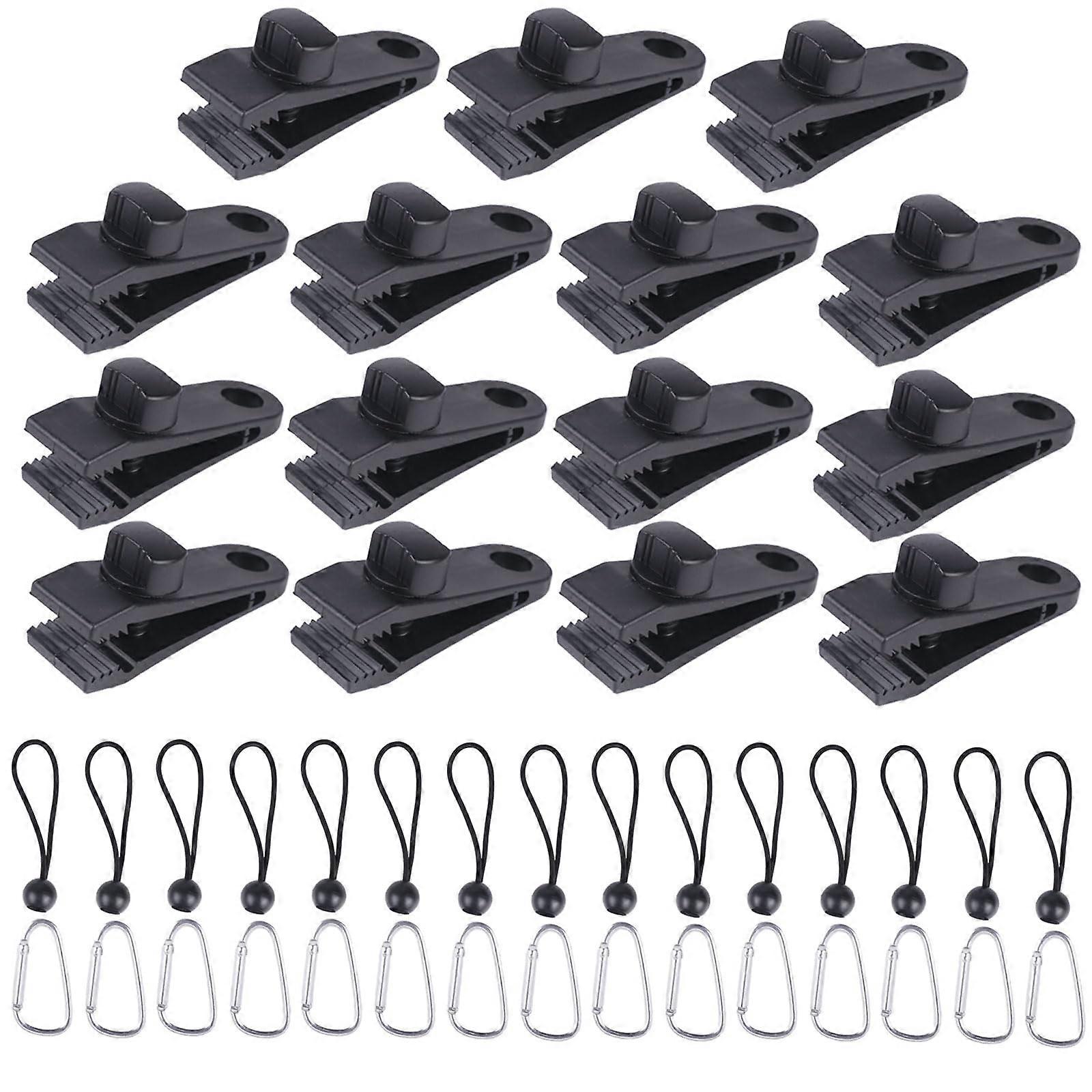 Tarpaulin Clips Pack of 15 with 15 Bungee Bands 15cm and 15 Mountaineering Buckles for Tent Awning and Gazebo Attachment