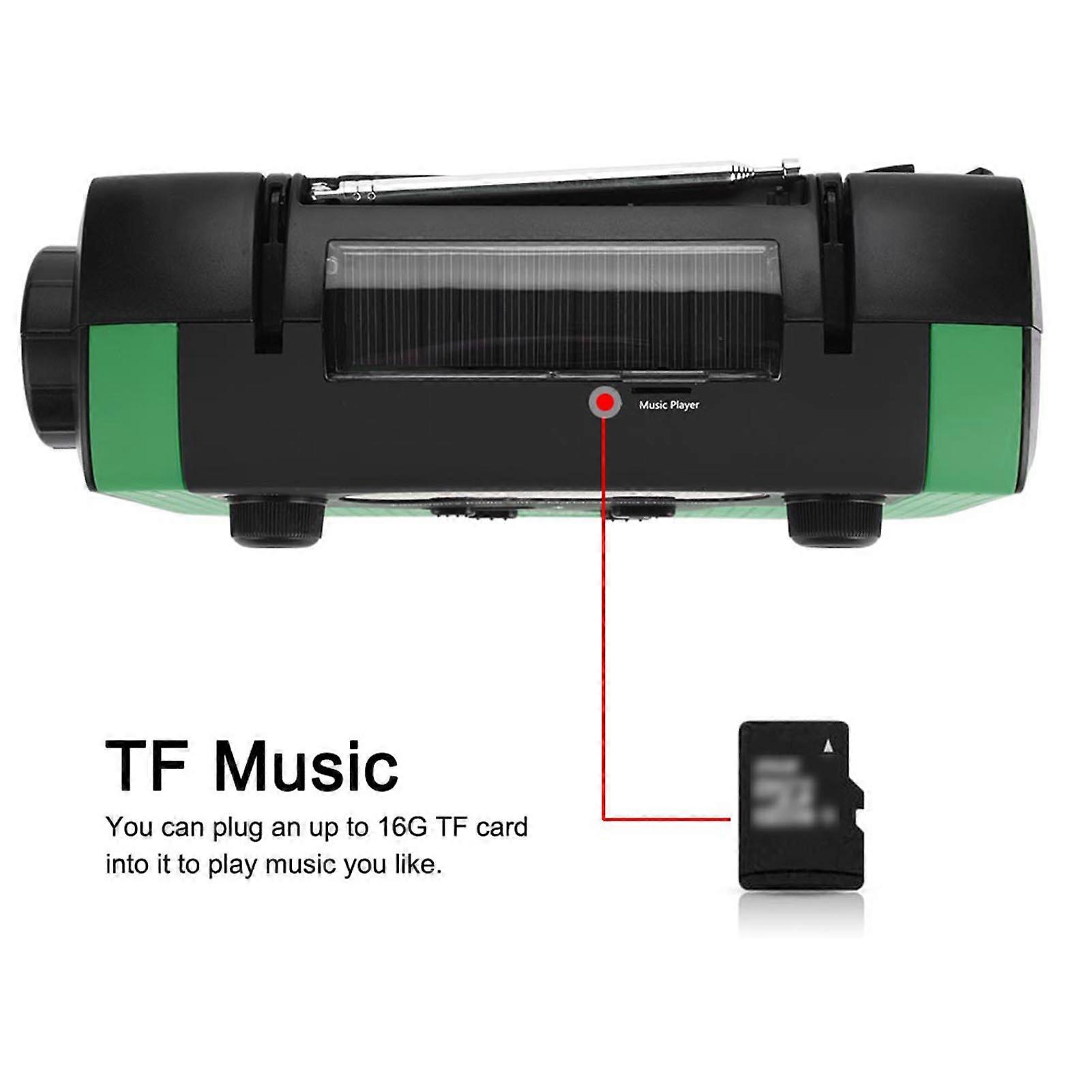 Radio solaire à manivelle Bluetooth FM AM SW 2300mAh Vert 21.5x12.5cm