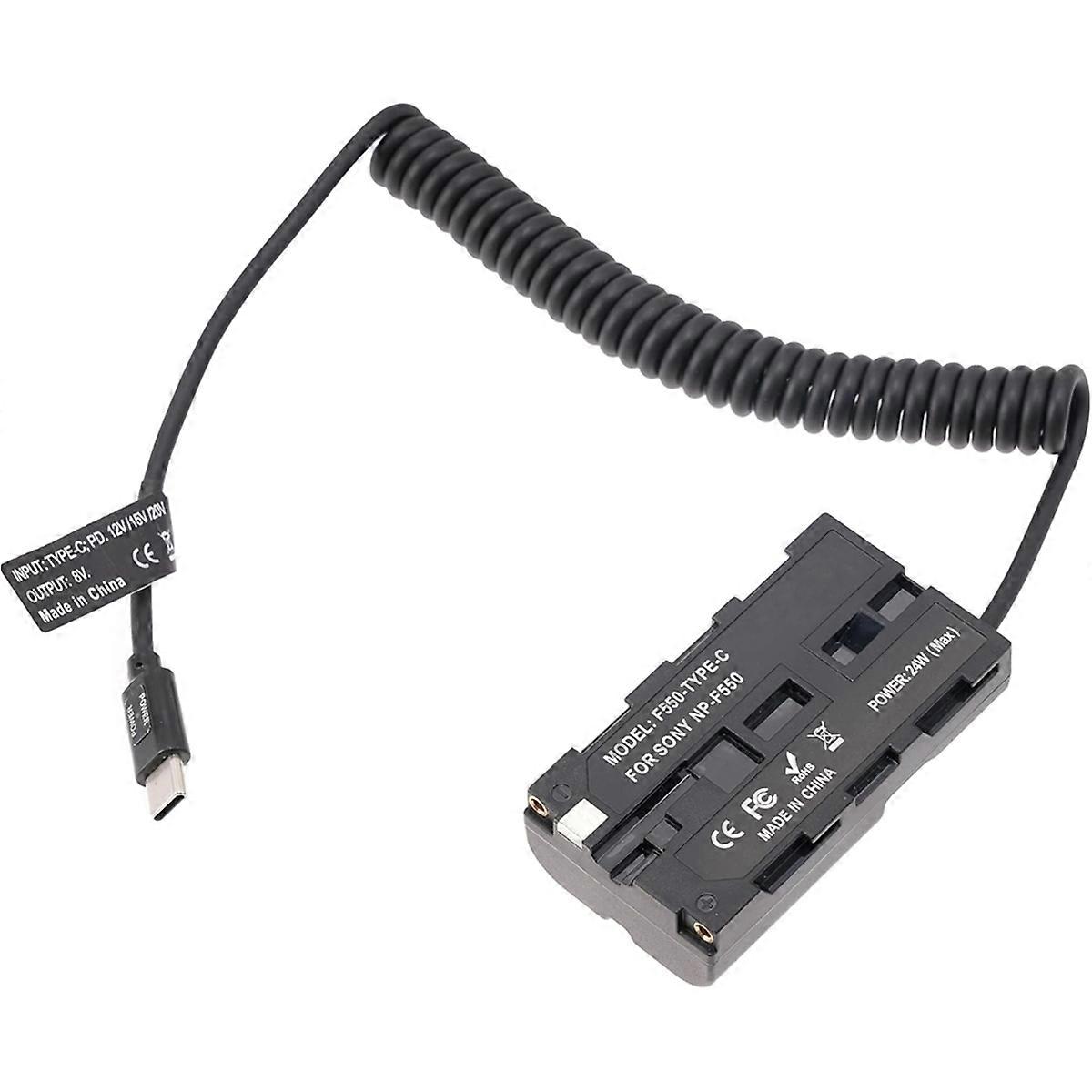 Coiled USB Type C Power Cable Cord to Decoded NP-F Dummy Battery for Power Shinobi Monitor Video Ca