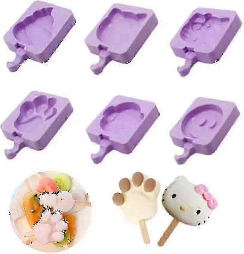 6pcs Silicone Ice Cream Mold Set - DIY Cartoon Popsicle, Chocolate & Ice Cream Molds with 100 Sticks (6 Designs) Edition 0909