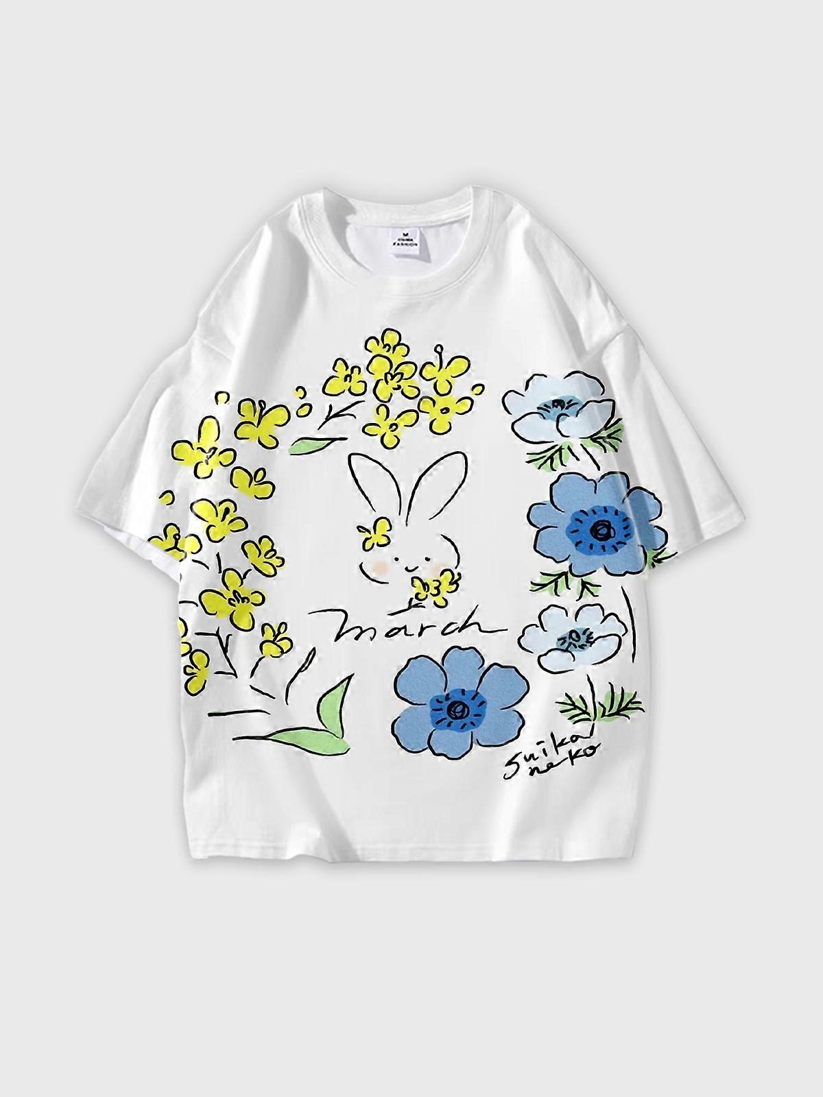 T-Shirt Round Neck, Loose Short Sleeve Pattern Graphic Tee, Unisex Summer Casual Top W2903