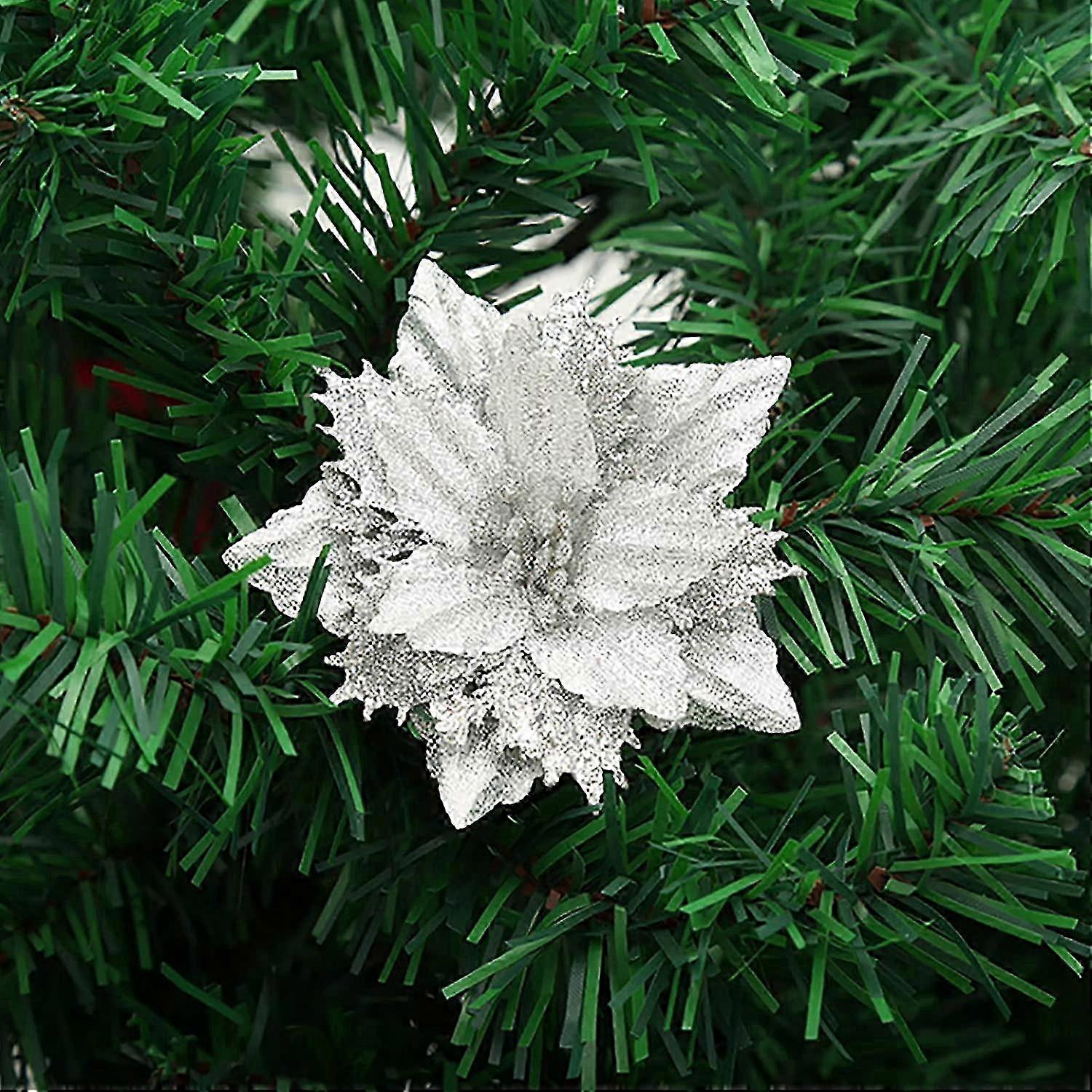 12 Pack Glitter Poinsettia Artificial Flowers for Double Layer Christmas Tree Decoration with Silver