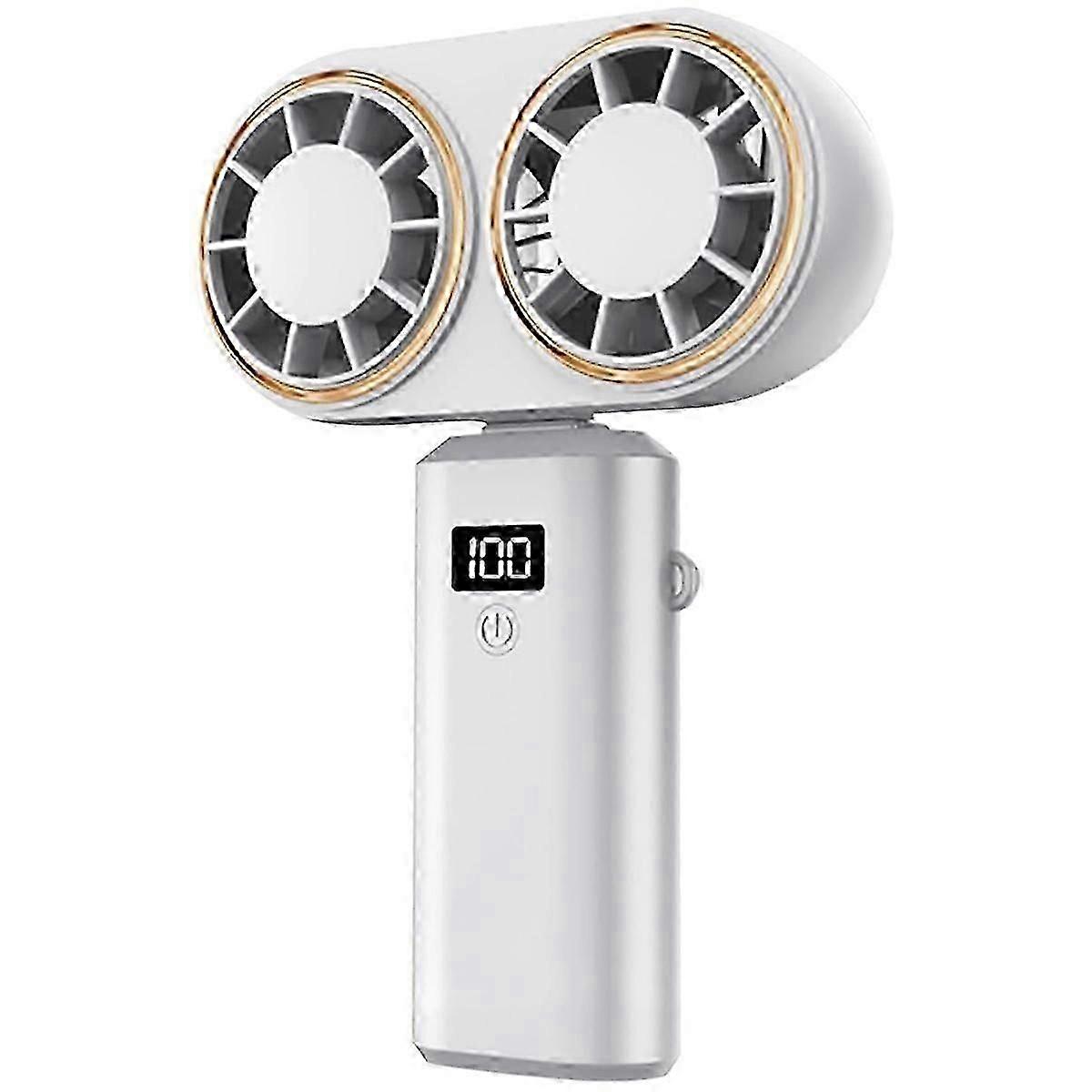 Portable Handheld Fan USB Charging Cooler Dual Fan Digital Display Rechargeable Battery White