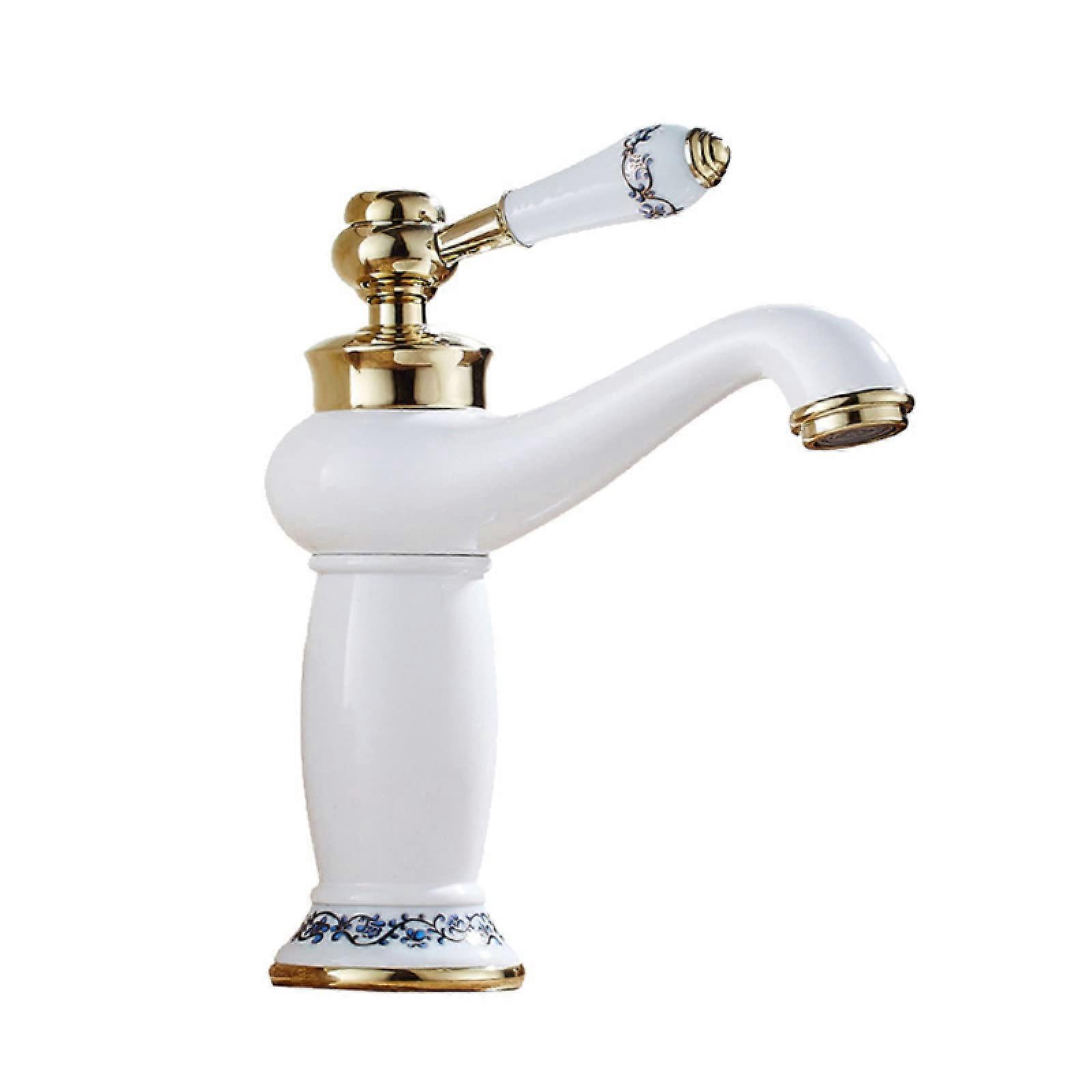 Bathroom Sink Retro Vintage Single Lever Handle Basin Mixer, Hot And Cold, White Gold Commemoration Day