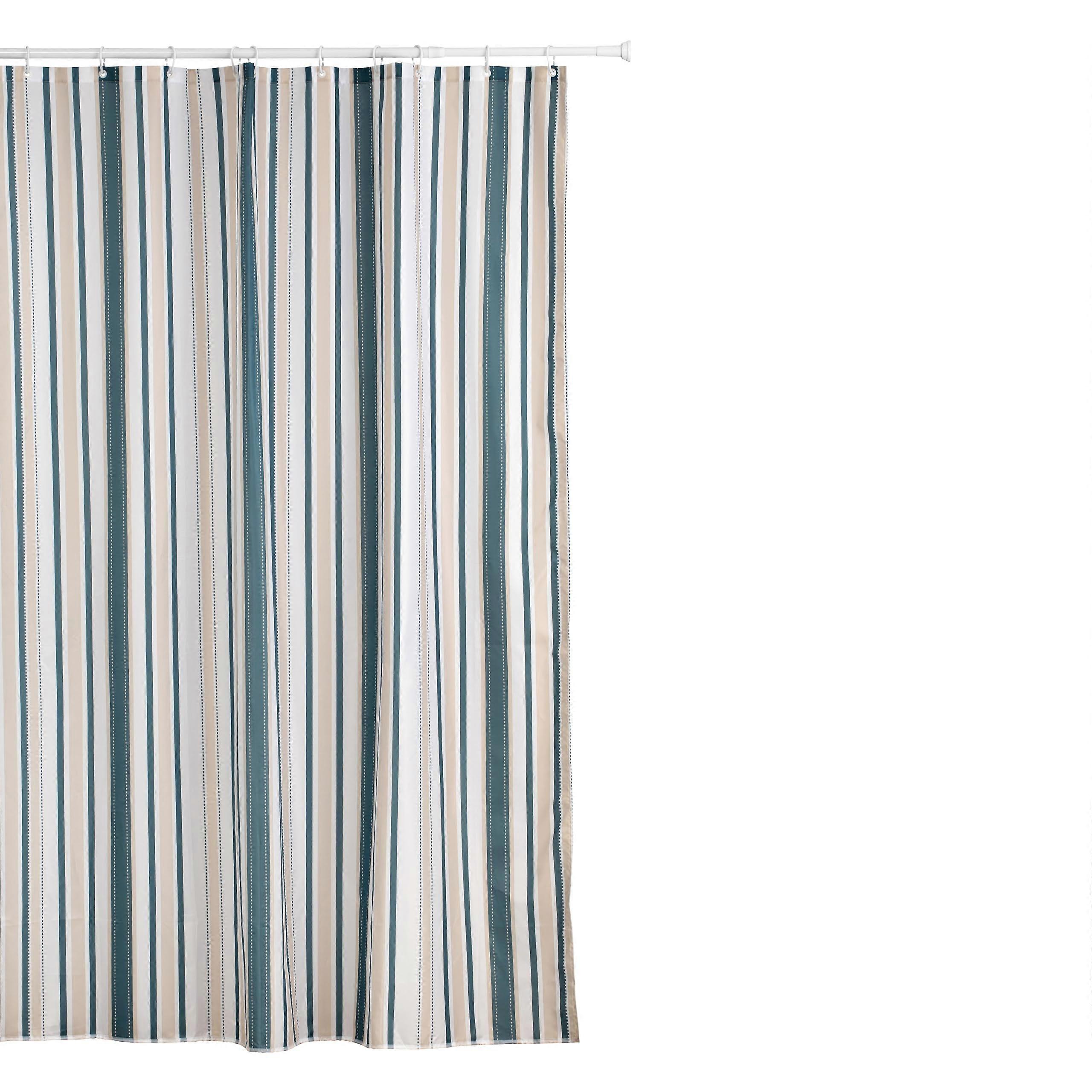 Cortina de Ducha de Tela 140x200 cm Modelo Timeless en Blanco, Beige y Verde con 8 Anillas y Tela de Poliéster Resistente