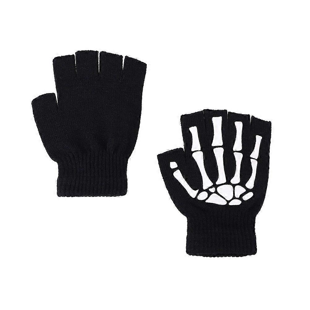 3Pairs Halloween Skeleton Gloves for Party Use Warm Knitted Fingerless Gloves