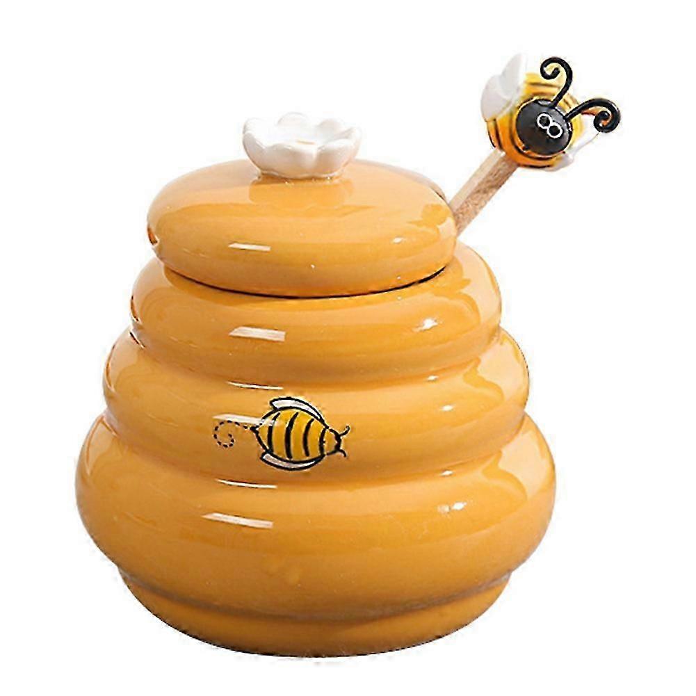 Ceramic Beehive Honey Pot and Wooden Dipper Honey Jar with Lid Honey Stir Bar for Honey Jar Supplies