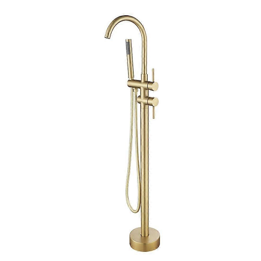 Brushed Gold Floor Mounted Standing Tub Filler Faucet Rainfall Hand Shower Round SingleHandle Flow Bath Mixer Taps
