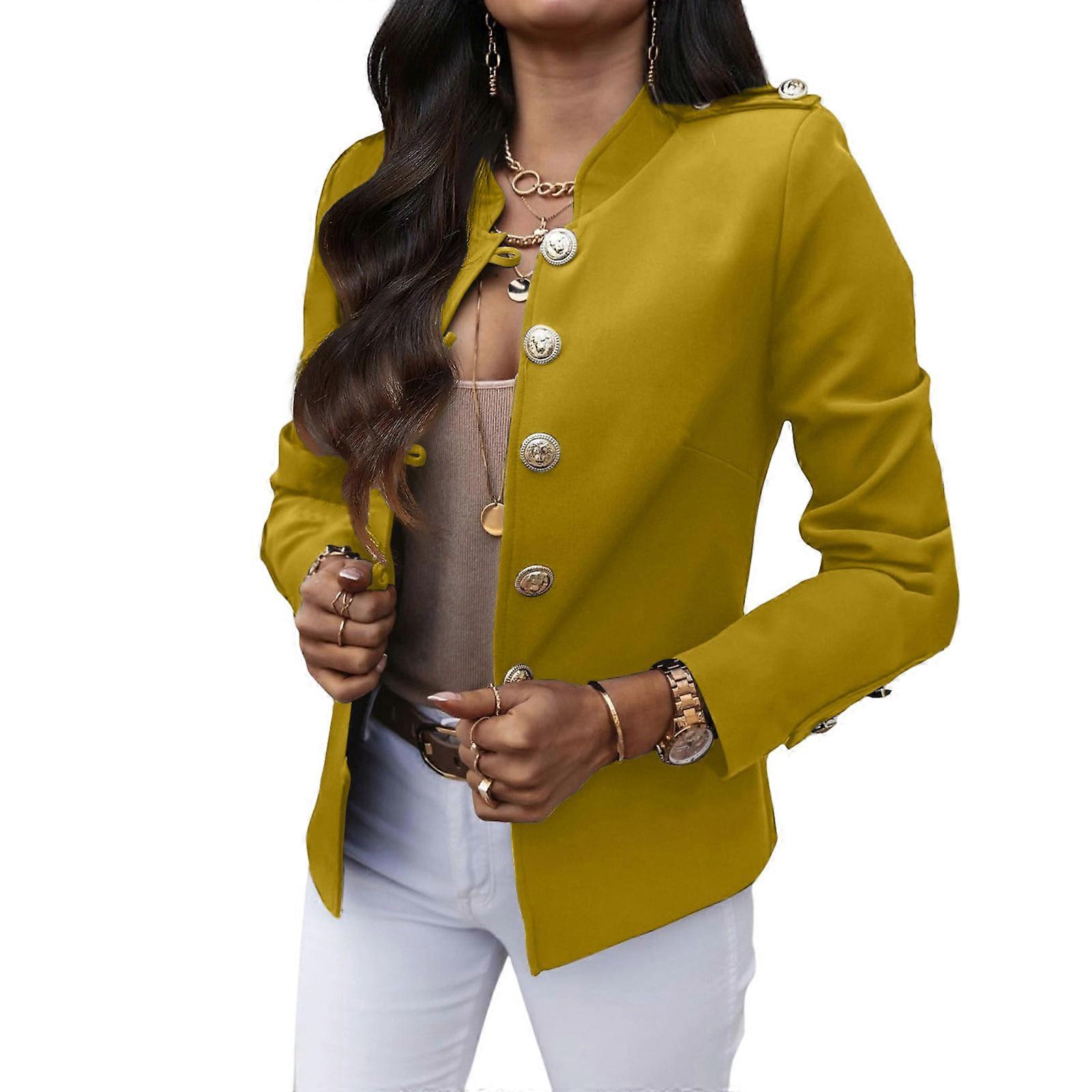 Women's long-sleeved casual jacket with gold buttons  Yellow XL