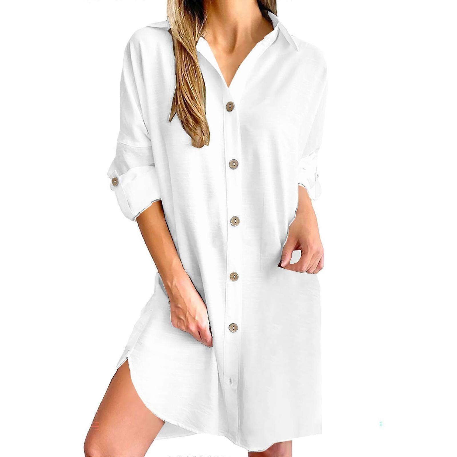 Women Cotton Linen Dress Long Sleeve V Neck Button Casual Beach Dress  Summer Loose Fit Flowy Midi Dresses White M | Fruugo UK